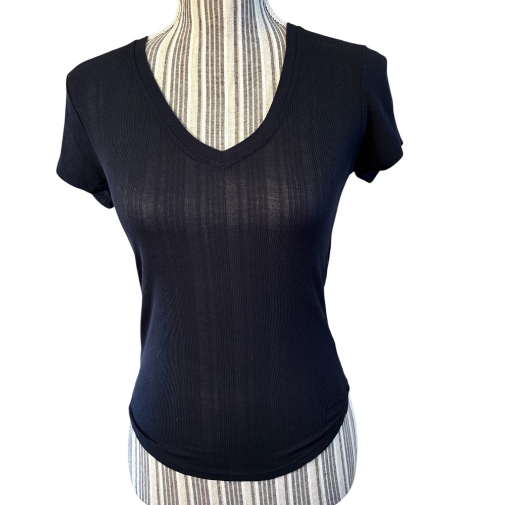Me to We T-Shirt XS Black Short Sleeves Ribbed Tee Lightweight Stretch Modal
